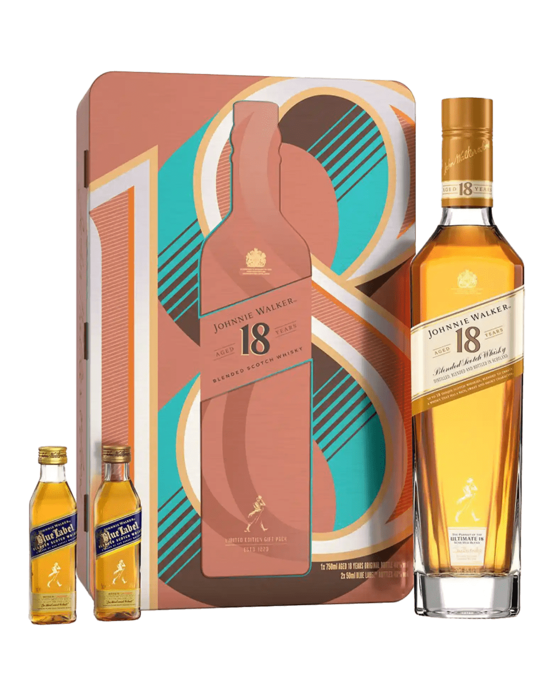 Johnnie Walker 18 Year Old Blended Scotch Whisky Tin with 2 Blue label 5 cl Gift Set Whisky